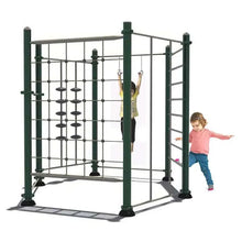 Outdoor climbing cube play structure with green frame, rope net and hanging disc rows
