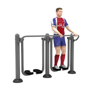 Double air walker fitness machine with two foot platforms, upright posts, and push handles, gray
