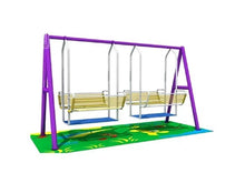 Outdoor double swing set with two seats, purple frame, yellow seat, blue swing