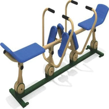 Dual-leg exercise machine with blue foot pads, beige handle bars, green platform base