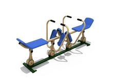 Outdoor dual-leg exercise machine with blue seat and pads, green base, beige frame