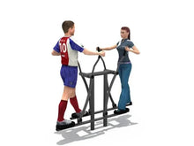Double air skier fitness exerciser, gray frame with curved arms and foot pedals