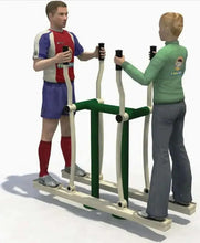 Double air skier fitness exerciser with green and white frame, two handle bars, foot platforms
