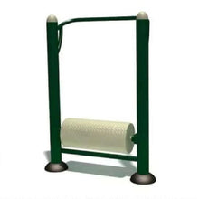Outdoor fitness equipment with green frame and padded roller between vertical posts