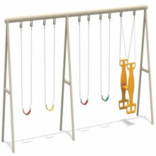 Outdoor heavy-duty swing set with white frame and hanging rope swings