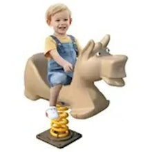 Horse spring rider toy with yellow coil spring; child seated on seat