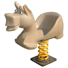 Beige horse spring rider toy with yellow coil spring and sturdy base