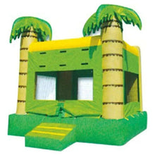 Green inflatable bounce house with open window panels and palm tree columns