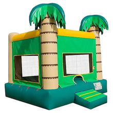 Inflatable outdoor bounce house with green roof and palm tree side posts