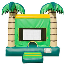 Inflatable bounce house with green front panel, window, and palm tree side posts