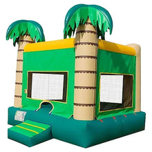Large inflatable bounce house with green walls, window panels, and palm tree columns