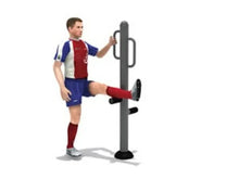 Leg stretching fitness equipment with vertical post, padded supports, and foot bars