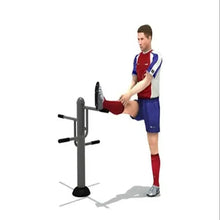 Leg stretching fitness equipment with padded foot bar on a vertical stand and base