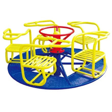 Kids outdoor merry-go-round playset with yellow seats, blue base, and red center