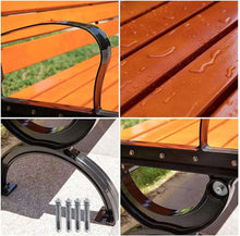 Black metal bench leg supports, round cutouts, and orange-red slat details