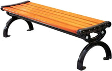 Outdoor bench with orange-red slatted seat and black metal base with rounded supports