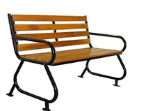 Outdoor bench with wooden slat seat, black metal frame, curved armrests