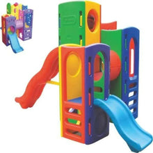 Colorful outdoor play structure with slide, tunnels, and climbing panels