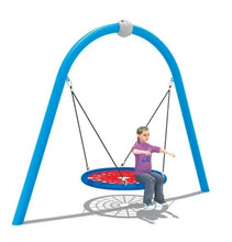 Blue arch-frame basket swing with round red seat and black ropes