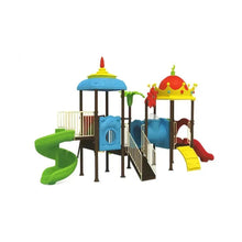 Outdoor playground playset with blue gazebo roof, green slide, yellow and red slides, stairs
