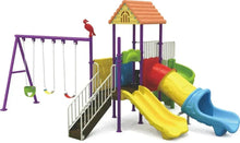 Outdoor playground set with purple swing frame, multi-color slides and safety rail