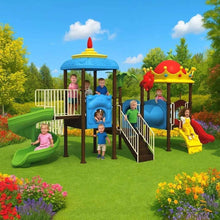 Outdoor playground playset with blue roof gazebo, green slide, red side slide, climbing panels