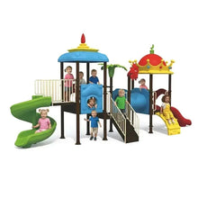 Outdoor playground playset with blue gazebo, green and red slides, guard rails