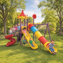 Outdoor playground set with slide, swing frames, and red yellow tower with flower top