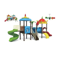 Outdoor playground playset with slides, blue tunnel, black safety rails, yellow accents