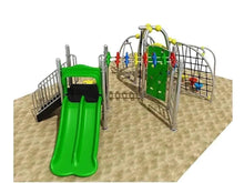 Outdoor playground set with tall slide, arch climbing frame, and netted barriers