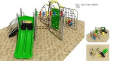 Outdoor playground set with green slide, climbing frame, and safety net panels