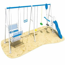 Outdoor playground set with swings and slide, blue accents on metal frame