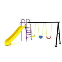 Outdoor playground set with yellow slide, purple frame, ladder, and three hanging swings