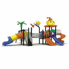 Outdoor playground set with slides, tunnel, swings and safety railings