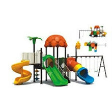 Outdoor playground set with green and blue slides, yellow slide, swings and play deck