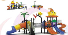 Outdoor playground set with multiple slides, swings, tunnels and climbing bars