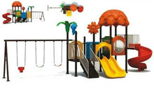 Outdoor playground set with red, yellow and blue slides, swing bars, and roof canopy