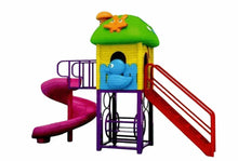 Outdoor playground playhouse with spiral slide, red handrails, green roof and purple steps