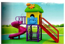 Outdoor playground with playhouse, spiral slide and red rails, green roof