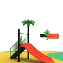 Outdoor playground slide set with orange slide, green fence, and palm roof