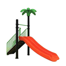 Outdoor playground slide with palm roof, orange slide and green ladder rail