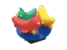 Playground spinner set with red, green and yellow seats on a blue round base