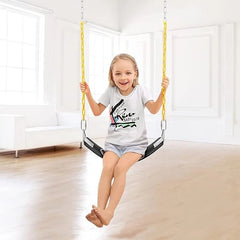 Huitich outdoor playground swing replacement seat with yellow chains and a child sitting comfortably indoors