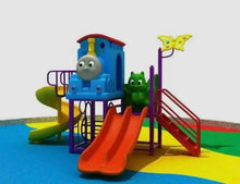 Outdoor playground playset with blue train tunnel, orange slide, green accents, red ladder.