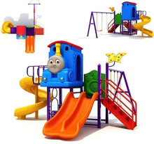 Outdoor playground playset with blue tunnel, orange slides, yellow platforms, red railings.