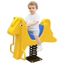 Yellow pony spring rider with blue seat, front handles, and black base
