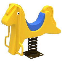 Yellow pony spring rider, blue molded seat, black base with circular holes