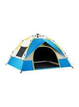 Outdoor pop-up tent with open front door, blue canopy and yellow frame
