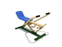 Outdoor rowing trainer with blue padded seat, wood frame, green foot pads, black handles