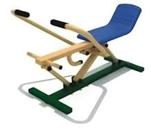 Outdoor rowing trainer with blue seat, wood frame, green base, black handles